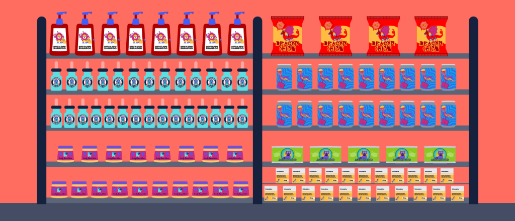 A series of shop products on shelves