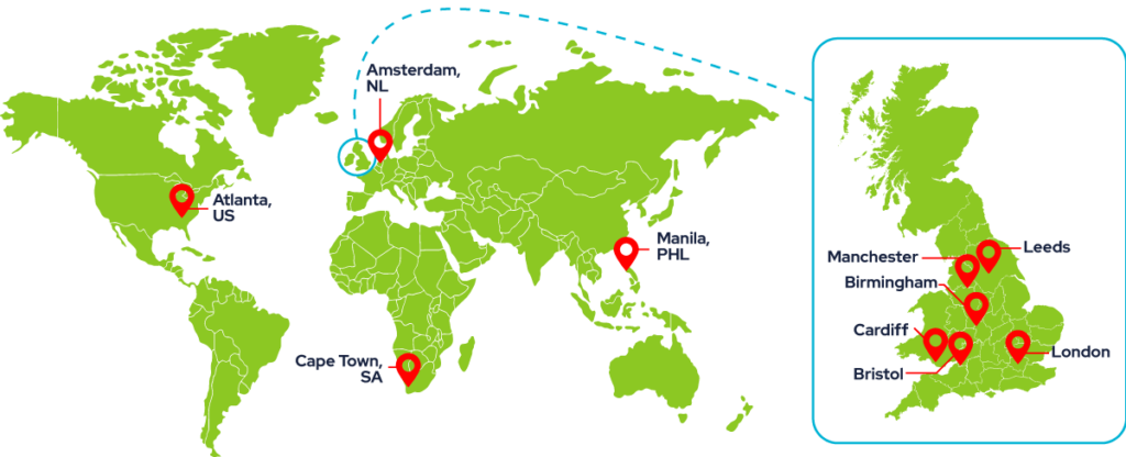 World map with location pins of our offices in UK, USA, Neatherlands, South Africa and the Phillipines