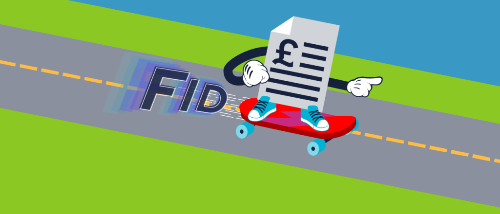 invoice with arms and feet on a skateboard going fast down a hill with the letters 'FID' flying out the back